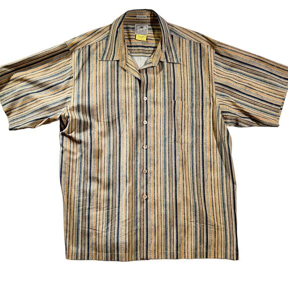 Luau 100% Silk Camp Shirt Men's XL Tropical Untucked Pocket Blue Yellow Stripe - Picture 1 of 13